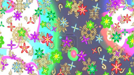 Abstrakte Skizze eines Rastermusters mit handgezeichneten floralen Elementen. Neutral, weiß und grün auf weiß und grün. Seidenschal mit blühenden Blumen. Motive aus den 1950er und 1960er Jahren. Kollektion für Retro-Textildesign.