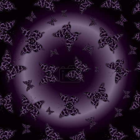 Ilustración en colores negro, púrpura y gris. Patrón floral sin costuras con mariposas. Adecuado para papel, tela, embalaje.