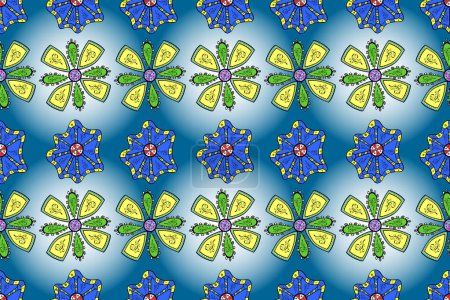 Flowers on black, blue and yellow colors. Seamless pattern with floral ornament.
