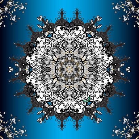Floral wedding decorative elements. Seamless pattern mehndi floral lace of buta decoration items on black, gray and blue colors.