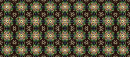 Ungewöhnlicher Rasterschmuck. Bunt gefärbte Fliesen Mandala auf einem grünen und braunen Farben. Kompliziertes florales Gestaltungselement für Tapeten, Geschenkpapier, Stoffdruck, Möbel. Boho abstrakte nahtlose Muster.