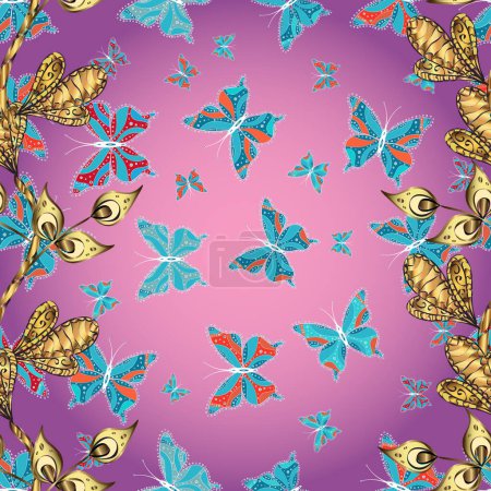 Seamless. Simple feminine pattern for invitation, card, print. Butterfly on pink, blue and purple background.