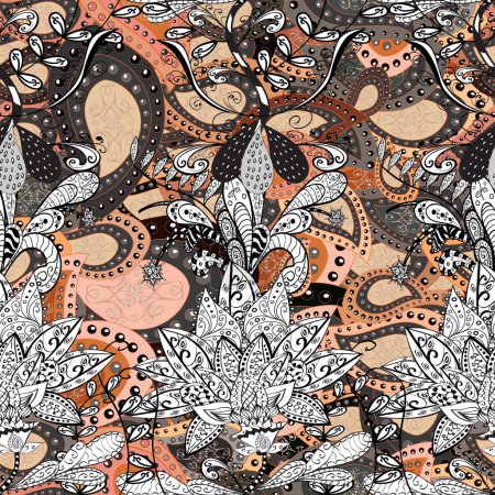 In asian textile style. Seamless flowers pattern. Flowers on gray, black and white colors.