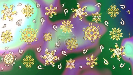 Raster patrón de boceto mehndi dorado. Patrón en colores verde, neutro y púrpura. Elementos florales ornamentales con tatuaje de henna, pegatinas doradas, diseño de mehndi y yoga, tarjetas y estampados.