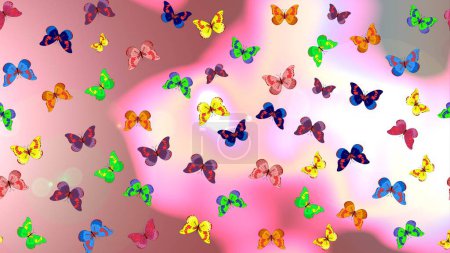 Schöne Schmetterlinge fliegen im floralen Dschungel-Design für Buchseiten. Raster-Illustration. Skizzieren Sie Farbmuster. Fantasie schöne Illustration. Bilder in neutralen, rosa und weißen Farben.