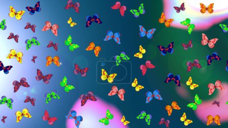 Illustration für Stoff, Textil, Druck und Einladung. Skizze. Nacht süße Schmetterlinge auf blauem, grünem und neutralem abstrakten Hintergrund. Raster-Illustration.
