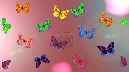 Colored butterflies on a pink, neutral and gray background. Suitable for packaging, paper, fabric. Colorful folk raster sketch pattern with butterflies.