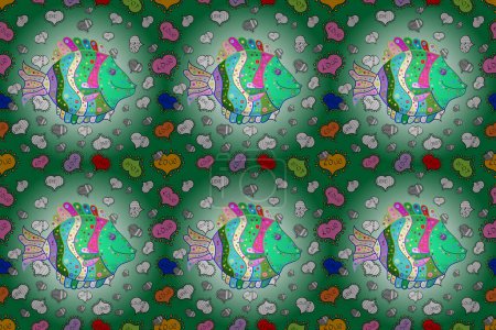 Raster illustration. Seamless. Watercolor texture fish pattern. Green, neutral and white.