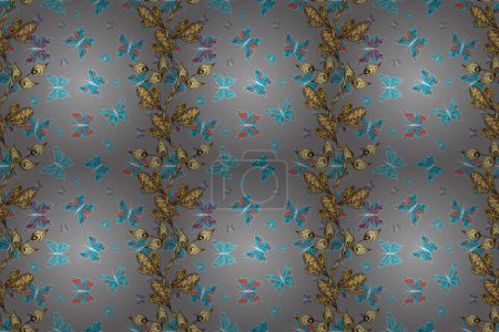 Raster. Art butterflies on gray, yellow and blue colors. Cute background for paper, design of fabric, wrappers and wallpaper. Children butterfly seamless pattern.