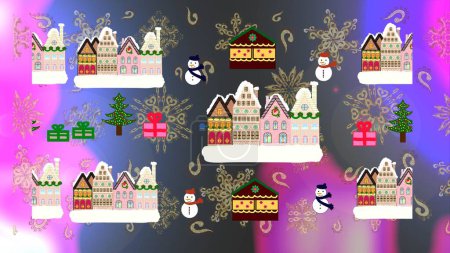 Incroyable maison de fée décorée à Noël. Paysage dans une forêt magique. Illustration inhabituelle de Noël. Carte postale aux couleurs neutres, grises et violettes. Illustration raster.