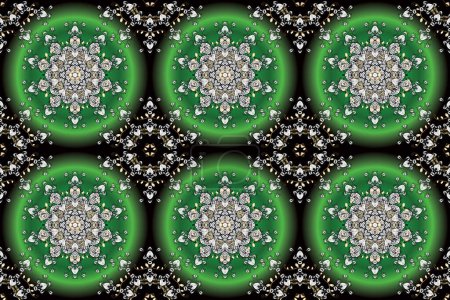 Pattern with abstract art flower for Tibetan yoga. Bohemian decorative element, indian henna design, retro circle ornament. Mandala, tribal vintage sketch with a medallion on green and white colors.