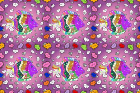 Foto de Los peces sobre los colores púrpura, violeta y rosado. Fondo colorido sin costuras. Lindo patrón de peces textura. - Imagen libre de derechos