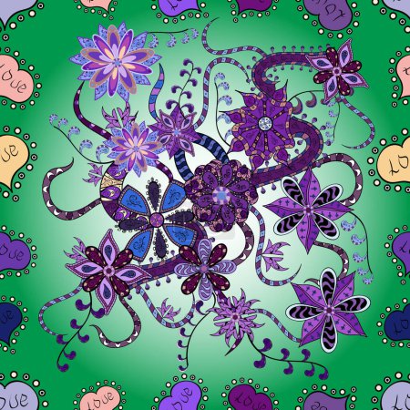 Motif floral dans le style doodle avec des fleurs et des feuilles. Doux, floral de printemps sur les couleurs violette, verte et neutre.