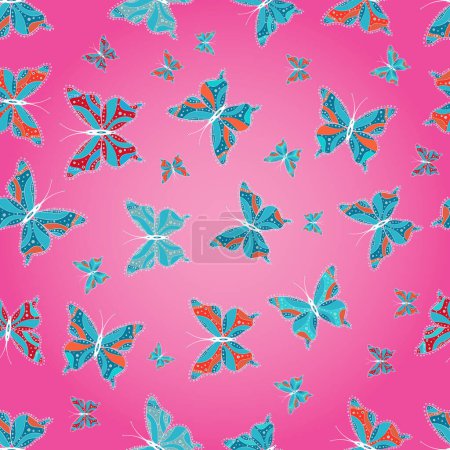 Fashion nice fabric design. Illustration on white, pink and blue colors. Butterflies pattern. Abstract seamless background.