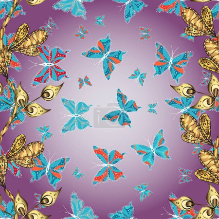 Abstract seamless background. Fashion nice fabric design. Butterflies pattern. Illustration on purple, neutral and blue colors.