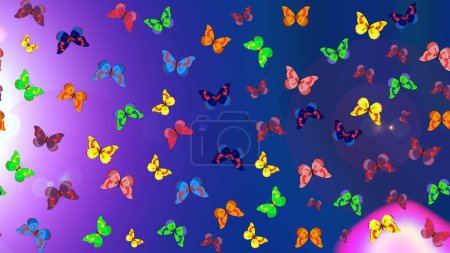 La belleza en la naturaleza. Hermosa mariposa volando sobre fondo azul, violeta y neutro. Raster. Patrón de boceto. Patrón para tela, textil, estampado e invitación.
