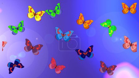 Schönheit in der Natur. Illustration auf violetten, blauen und neutralen Farben. Hintergrund für Stoff, Textil, Druck und Einladung. Skizziere Muster mit Fliegenden Schmetterlingen im Aquarell-Stil. Raster-Design.