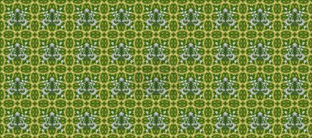 Vintage pattern with arabesques. Seamless Oriental raster cute pattern with arabesques and floral elements. Traditional classic ornament. Illustration on green, yellow and neutral colors. Raster.
