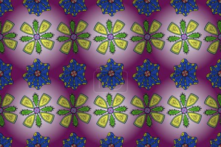 Nahtloses Muster mit floralem Ornament. Raster-Illustration. Blüten auf blauen, lila und neutralen Farben.