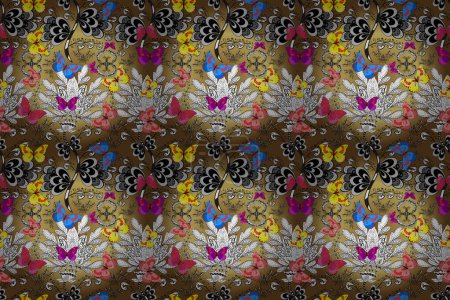 Pictures in white, gray and brown colors witg tropical butterflies. Raster butterflies pattern. Perfect for wallpapers, web page backgrounds, surface textures, textile. Abstract seamless background.