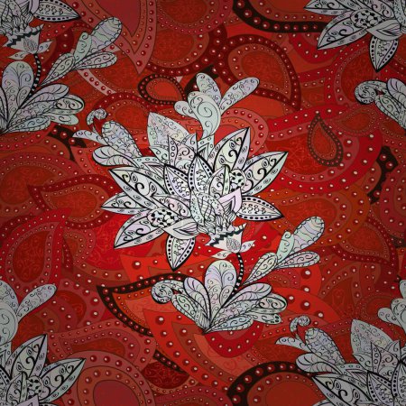 Illustration for Abstract ethnic vector seamless pattern. Tribal art boho print, vintage flower background. Background texture, wallpaper, floral theme in red, orange and neutral colors. - Royalty Free Image