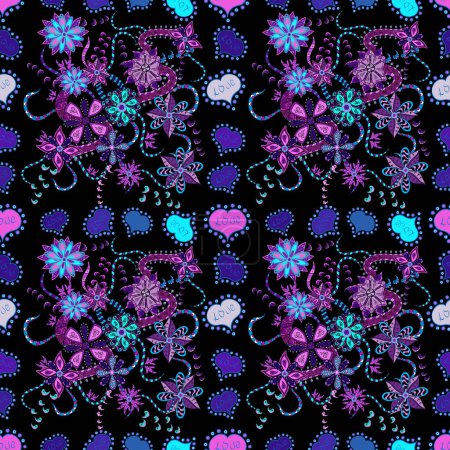 Illustration for Tribal art boho print, vintage flower background. Background texture, wallpaper, floral theme in black, blue and violet colors. Abstract ethnic vector seamless pattern. - Royalty Free Image