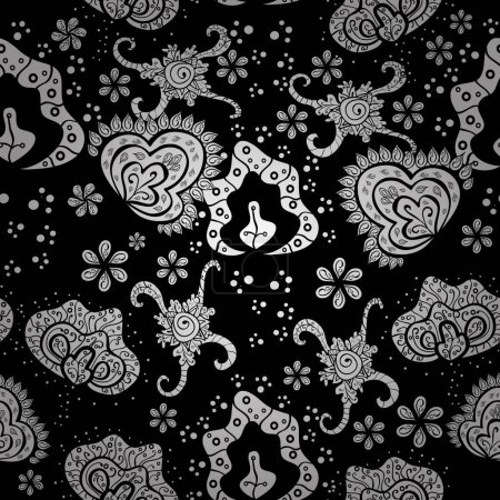 Illustration for Gray, white and black curly flowers shapes on gray, white and black colors. Vector illustration. Vintage flower design elements. - Royalty Free Image