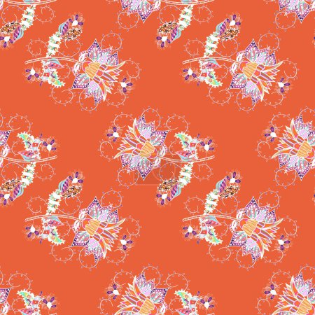 Illustration for Floral sweet seamless background for textile, fabric, covers, wallpapers, print, wrap, scrapbooking, quilting. Millefleurs. Pretty vintage feedsack pattern in small orange, white and pink, flowers. - Royalty Free Image