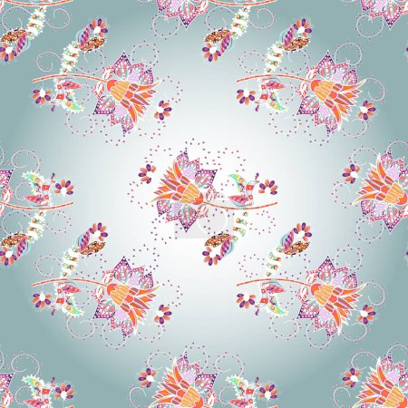 Illustration for Seamless pattern ethnic design. Textile print for bed linen, jacket, package design, fabric and fashion concepts. Marine background with flowers, seashells, mandalas and watercolor effect. - Royalty Free Image