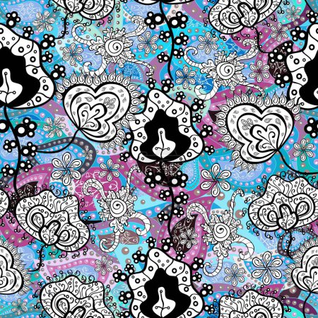 Illustration for On black, blue and white colors. Flower. Vector illustration. Seamless decorative background, flower mandala. - Royalty Free Image
