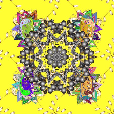 Illustration for Mandala, tribal vintage sketch with a medallion on gray, brown and yellow colors. Pattern with abstract art flower for Tibetan yoga. Bohemian decorative element, indian henna design, vector retro. - Royalty Free Image
