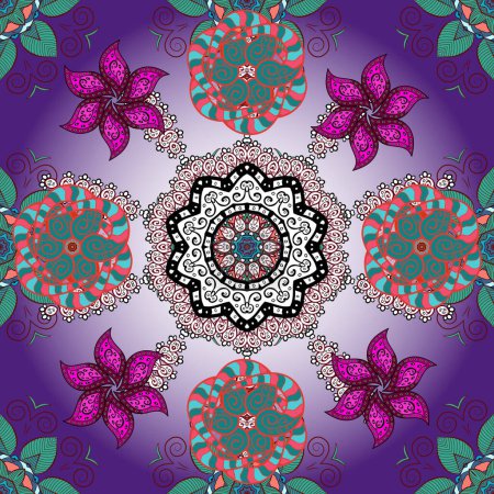 Illustration for On violet, neutral and blue colors. Vector illustration. Flower. Seamless decorative background, flower mandala. - Royalty Free Image