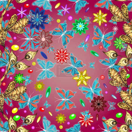 Illustration for Butterflies pattern. Vector. Abstract seamless background. Illustration on blue, pink and purple colors. Fashion Fabric Design. - Royalty Free Image