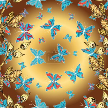 Illustration for Hand-drawn illustration. Vector. Fashion Fabric Design. Beautiful seamless pattern of cute butterflies. Pictures in blue, yellow and brown colors. - Royalty Free Image