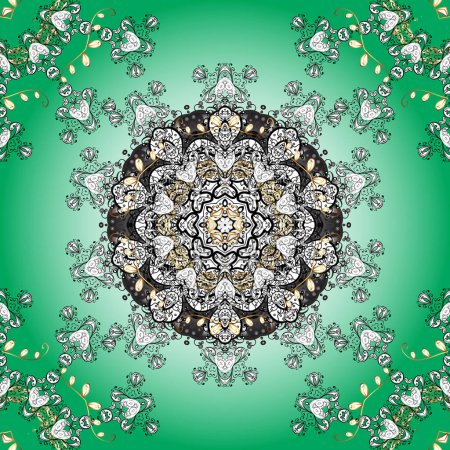Vector hand-drawn mandala, colored abstract pattern on a black, green and white colors.