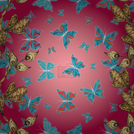 Plantilla de tela de mariposa sin costuras de contraste en rosa, azul y rojo. Tema Flying butterfly linen Vector. Clipart de tela de insecto repetitivo para prendas de vestir. Patrón femenino simple para invitación, tarjeta, impresión