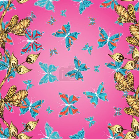 Patrón floral sin costura vectorial con mariposas. Adecuado para papel, tela, embalaje. Ilustración en colores rosa, azul y amarillo.