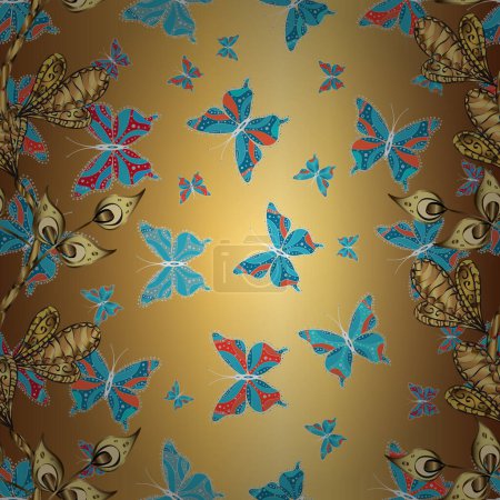 Mariposa sobre fondo amarillo, marrón y azul. Patrón femenino simple para invitación, tarjeta, impresión. Sin fisuras. Ilustración vectorial.
