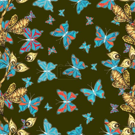 Vector illustration. Of watercolor butterflies on brown, blue and yellow background. Abstract seamless pattern for boys, girls, clothes, wallpaper. Fantasy cute illustration.