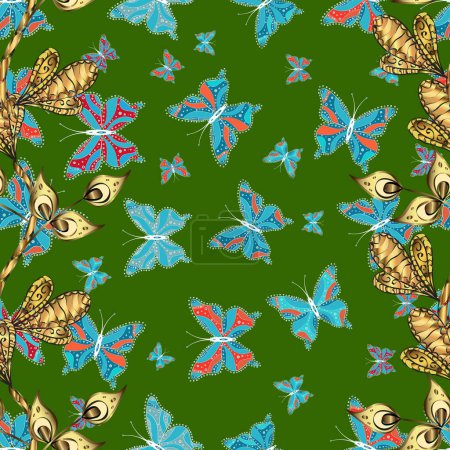 Schmetterlingsmuster. Abstrakter, nahtloser Hintergrund. Abbildung auf grünen, blauen und gelben Farben. Modedesign. Vektor.