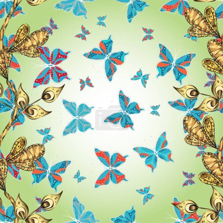 Seamless pattern with lot of different butterflys. Fantasy illustration. Pictures in neutral, beige and blue colors. Abstract pattern for boys, girls, clothes, wallpaper. Vector.