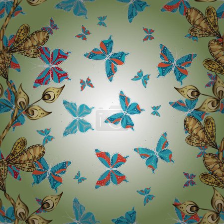 Textura de tela de mariposa bastante transparente con secante en neutro, beige y azul. Tema lindo mariposa primavera. Repetir obras de arte de tela de insectos para papel pintado. Ilustración vectorial.