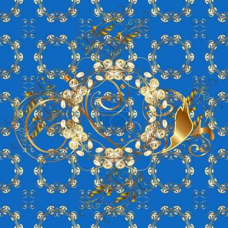 Golden seamless pattern on beige, blue and brown colors with golden floral elements. Vector geometric background. Golden color seamless illustration. For your design, wallpaper.