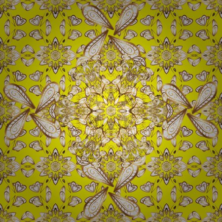 Eléments floraux ornementaux avec tatouage au henné, autocollants dorés, design mehndi et yoga, cartes et impressions. Modèle sans couture vectoriel doré mehndi. Motif sur les couleurs blanc, jaune et marron.
