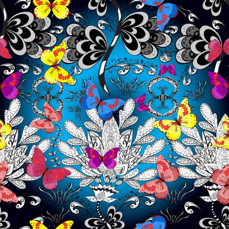 Schöner Schmetterling, der auf weißem, schwarzem und blauem Hintergrund fliegt. Muster für Stoff, Textil, Druck und Einladung. Vektor. Schönheit in der Natur. Nahtloses Muster.