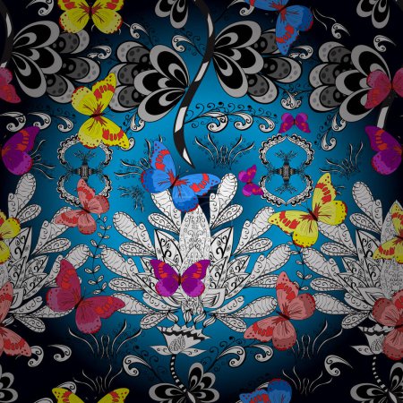 Adecuado para papel, tela, embalaje. Patrón floral sin costura vectorial con mariposas. Ilustración en colores negro, blanco y azul.