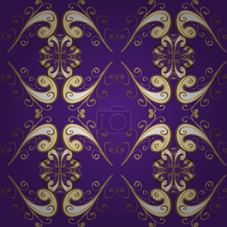 For your design, wallpaper. Golden seamless pattern on beige, violet and yellow colors with golden floral elements. Vector geometric background. Golden color seamless illustration.