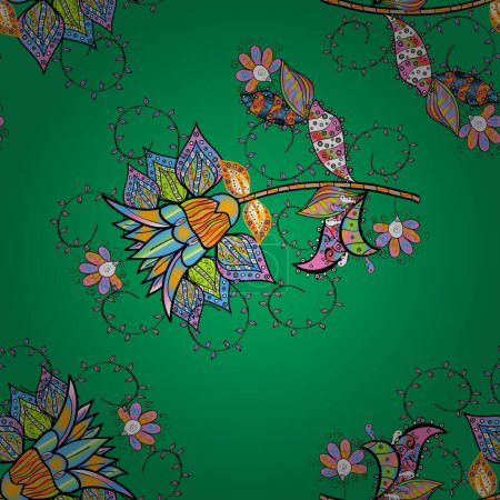 Illustration for Vector flower print. Floral blue, black and green seamless pattern. Vintage outline illustration. - Royalty Free Image