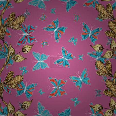 Pictures in pink, yellow and blue colors. Hand-drawn illustration. Beautiful seamless pattern of cute butterflies. Vector. Fashion Fabric Design.