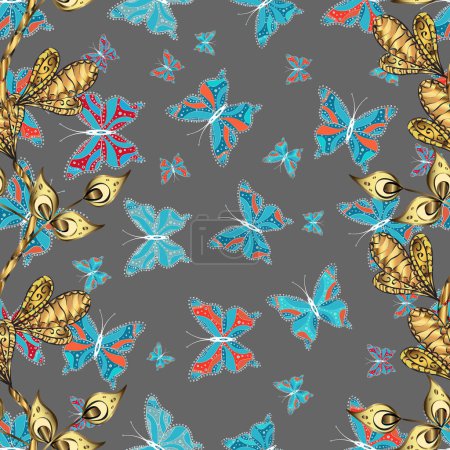 Illustration auf blauen, gelben und grauen Farben. Schmetterlingsmuster. Modedesign. Abstrakter, nahtloser Hintergrund. Vektor.